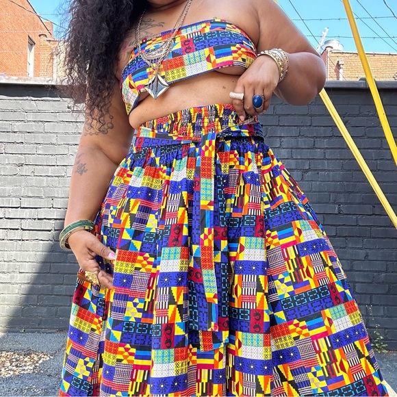 Tribal Abstract Mix Wax Print Cotton Tie Waist Maxi Skirt One Size Plus Size - Picture 12 of 12